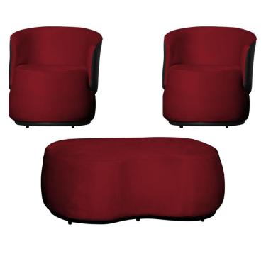 Imagem de Kit 2 Poltronas e 1 Puff Grande Estilo Orgânico Beatriz Veludo Composê Corino Preto - Estopar