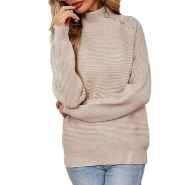Imagem de Greensen Pulôver feminino de malha elegante com gola rolê pulôver de malha com zíper suéter casual liso solto, Damasco, M