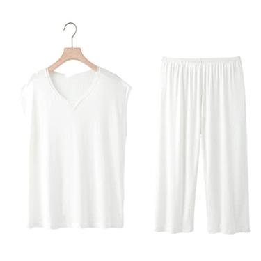 Imagem de Pijama feminino verão modal manga curta fino verão feminino seda gelo roupa de casa de verão (cor: branco, tamanho: código XXL)