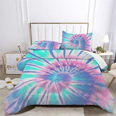 Imagem de Jogo de cama com estampa tie-dye Boho Tie-Dye para cama em um saco, 7 peças, padrão de redemoinho colorido, incluindo 1 lençol com elástico + 1 edredom + 4 fronhas + 1 lençol de cima (D, cama de