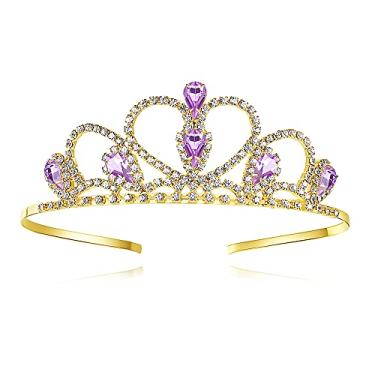 Imagem de Lovelyshop Tiara de ouro com pedras roxas com strass para crianças grandes Formatura Aniversário Princesa Coroa