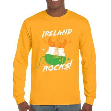 Imagem de Camiseta de manga comprida com bandeira de guitarra Ireland Rocks Dia de São Patrício Shamrock Groove Vibe Pub Celtic Rock and Roll cravo, Amarelo, XXG