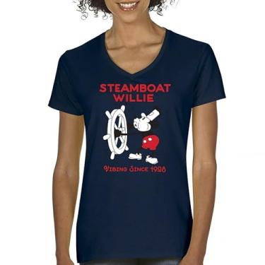 Imagem de Camiseta feminina Steamboat Willie Vibing Since 1928 gola V icônica retrô desenho mouse atemporal clássica vintage Vibe, Azul marinho, GG