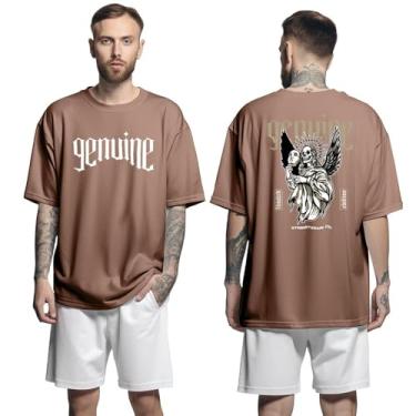 Imagem de Camisa Camiseta Oversized Streetwear Genuine Grit Masculina Larga 100% Algodão 30.1 Angel Skull - Marrom - M