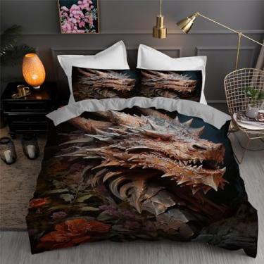 Imagem de Jogo de cama com 3 peças de capa de edredom com estampa de dragão voador, 172,7 x 228,6 cm, e 2 fronhas, com fecho de zíper e laços