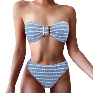 Imagem de Busted Board Biquíni sem alças, triangular, listrado, short para mulheres, Azul, G