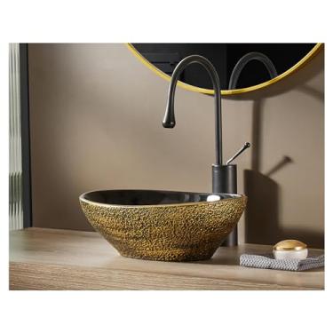Imagem de MEJE Pia de vaso de banheiro oval em forma de ovo de 40,6 x 33 cm, design de padrão antigo, bacia de banheiro acima do balcão, ouro vintage