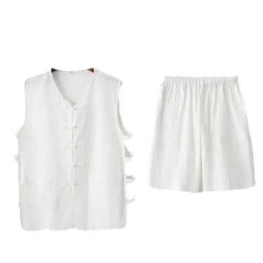 Imagem de Eesuei Conjunto de shorts de verão de algodão fino de linho de meia-idade estilo chinês sem mangas, camisa retrô, roupas masculinas, Colete branco, P