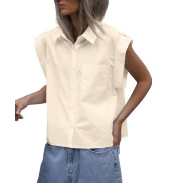 Imagem de Tankaneo Blusa feminina com botões de manga curta e caimento solto, Bege, G