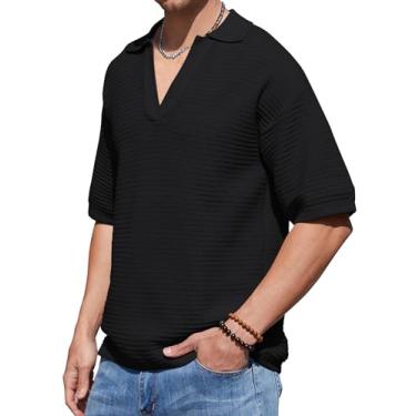 Imagem de Atforna Camisa polo masculina manga curta gola V malha camisa para mulheres vazada casual solta unissex tops 2024 verão, Preto, M