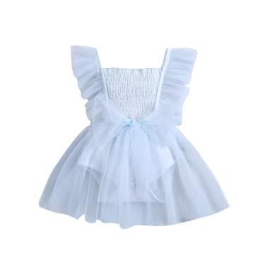 Imagem de Macaquinho de malha para bebê menina laço manga longa cor lisa tule vestido princesa recém-nascido roupas de verão, Azul, 9-12 Meses