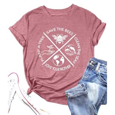 Imagem de PECHAR Camisetas femininas do Dia da Terra: Proteja o meio ambiente Camisetas de manga curta com estampa de abelhas, rosa, GG