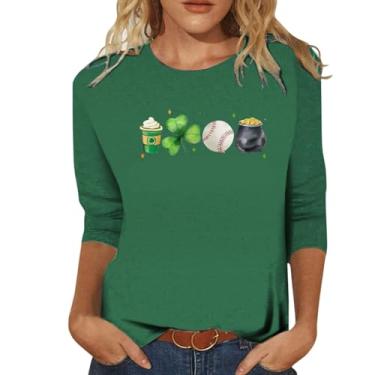 Imagem de Camiseta feminina de trevo do Dia de São Patrício, camisetas de trevo da sorte, verde, túnica moderna, gola redonda, básica, Dourado, GG