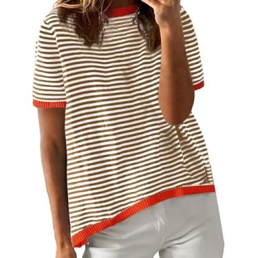 Imagem de Camisa feminina de verão, blusas listradas, casual, gola redonda, manga curta, túnicas coloridas, Bronze, P