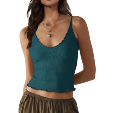 Imagem de Carpetcom Camiseta feminina sem costura, ajustável, alças finas, gola V, canelada, sem mangas, com babados, Azul, verde, M