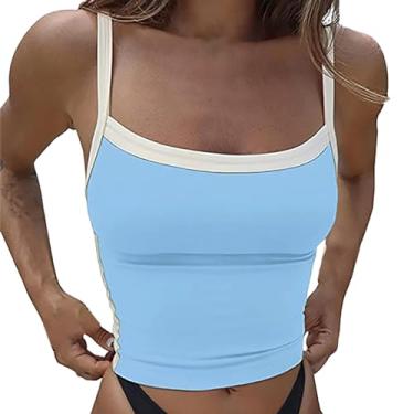 Imagem de Regata feminina de verão cropped color block sem mangas alças finas camiseta sexy para sair, Azul claro, M