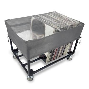 Imagem de OrigoDeco Suporte de armazenamento de disco de vinil sobre rodas – com capa contra poeira – comporta até 100 LP – Suporte para exibição de álbum – Organizador de armazenamento de disco de vinil LP –