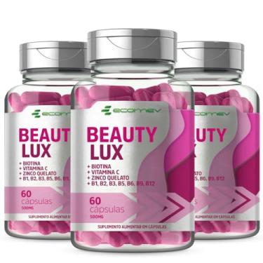 Imagem de 3Un Biotina Pura + B1 B2 B3 B5 B6 B9 B12 Vit C Zinco 500mg 60Cáps Manuteção Cabelo Pele Unha - Beauty Lux Ecomev