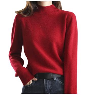 Imagem de Aniywn Suéter feminino moderno de gola rolê de malha longa, aconchegante, suéter, manga comprida, gola redonda, suéter macio, A2 - vermelho, G