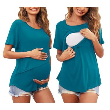Imagem de Ekouaer Camisetas femininas de manga curta para amamentação, blusa macia para amamentação, gola redonda, roupas para gravidez, Azul, verde, M