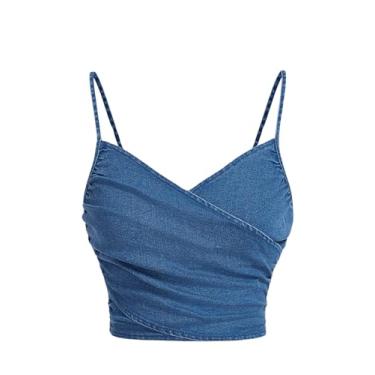 Imagem de MakeMeChic Blusa feminina jeans cropped gola V sem mangas alças finas zíper nas costas verão, Azul, M