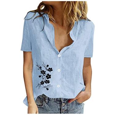 Imagem de Camisetas de linho femininas de manga curta com botões e gola de verão, respirável, casual, solta, para trabalho, Azul, G