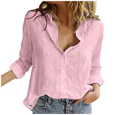 Imagem de Camisetas femininas de algodão e linho, abotoadas, manga comprida, gola V, casual, camiseta folgada, rosa, 3G