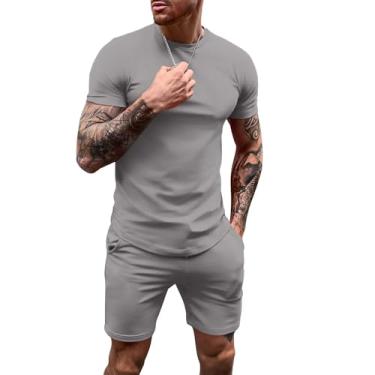Imagem de Uni Clau Conjunto de camisetas masculinas de manga curta e shorts combinando casual agasalho de verão, Cinza, GG
