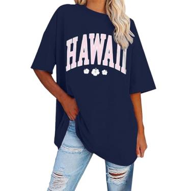 Imagem de Camisetas femininas de verão estampadas com letras Hawall, camisetas casuais, de manga curta, gola redonda, folgada, leve, Azul marino, XXG