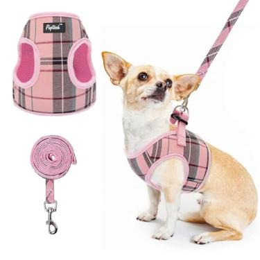 Imagem de PUPTECK Conjunto de coleira e coleira para cães de malha macia, xadrez, acolchoado, sem puxão, para cães pequenos, médios e gatos, caminhada ao ar livre, rosa, P