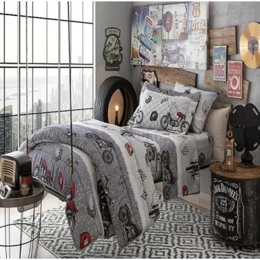Imagem de Kit 4 Peças Edredom Dupla Face + Jogo de Lençol Solteiro Menino Motos Rider Happy Day Cinza Sultan
