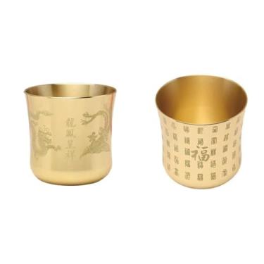 Imagem de zaoalife 2 peças de tigela chinesa da sorte bacia do tesouro chinês, xícara de chá de latão, taças de vinho douradas, utensílios de bebida chineses para casa, escritório, cozinha