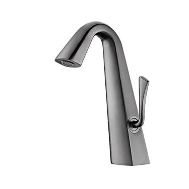 Imagem de Torneira de banheiro de latão dourado escovado de luxo, design simples, 1 furo, alça única, torneira de pia de controle duplo quente e frio, cinza escovado