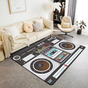 Imagem de jejeloiu Cassete de áudio retrô tapetes de sala de estar tapete de área 12 x 17, tapete de piso interno de rádio vintage crianças toca-discos de música tapete decorativo de moda antiga antiderrapante