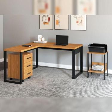 Imagem de Kit Mesa de Escritório em L c/ Gaveteiro e Mesa Auxiliar MDF - Pradel 