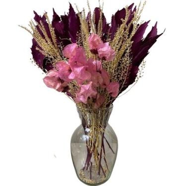 Imagem de Arranjo De Flores  e Folhas Secas Preservadas Ternura Com Vaso De Vidr