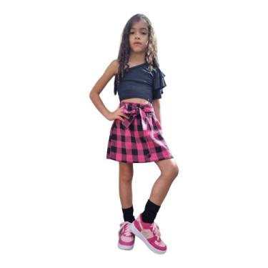 Imagem de Saia Infantil Xadrez em Flanela, possui botões na frente e elastico na