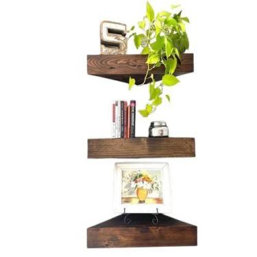 Imagem de Kit 3 Prateleiras Triangulares Madeira E Suporte Invisível - Loja Do P