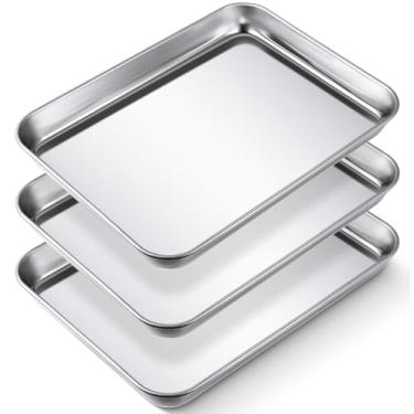 Imagem de Potchen Conjunto de 3 peças de assadeiras de aço inoxidável para biscoitos, pequenas torradeiras, forno, bandeja, churrasqueira, retangular, forno, freezer, padaria, antiaderente, fácil de limpar, 22