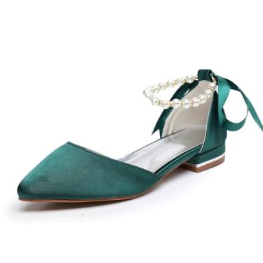 Imagem de Sapatos femininos de cetim pérola para casamento, bico fino, confortável, sapatilhas, formal, vestido de festa de formatura, sandália com tira no tornozelo, Verde, 34