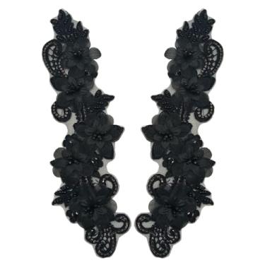 Imagem de Par de apliques de flores 3D, apliques de renda com acabamento de contas de costura, apliques de renda alencon com lantejoulas de strass acessório para vestidos e roupas (preto)