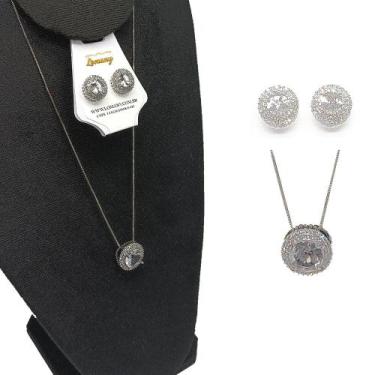Imagem de Conjunto Colar e Brinco Redondo Ródio Branco Zircônia-r.05 - Lomany Co