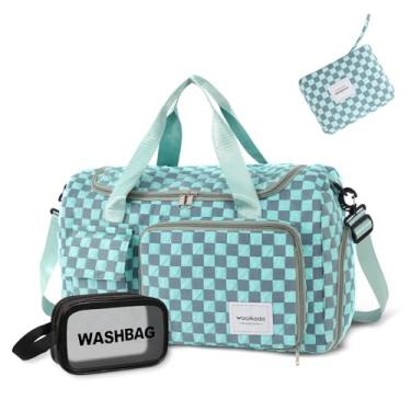 Imagem de WOOMADA Bolsa de viagem feminina, bolsa de viagem noturna com compartimento para sapatos, bolso grande para molhado e manga de carrinho, ideal para viagens, quadriculado turquesa, Bolsa de viagem