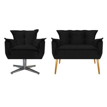 Imagem de Kit Namoradeira e Poltrona Opala Base Giratória de Metal Suede Preto -