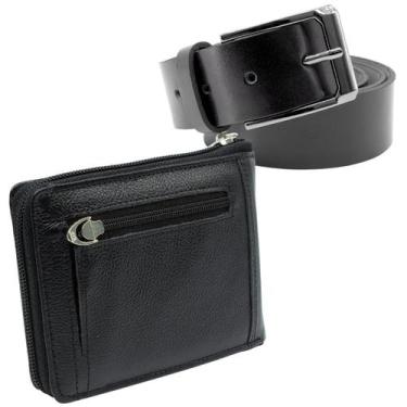 Imagem de Carteira Masculina Zíper Couro Legítimo Genuíno + Cinto Masculino Cour