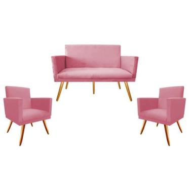 Imagem de Kit Namoradeira + 2 Poltronas Decorativa Nina Suede Rosa Pés Madeira M