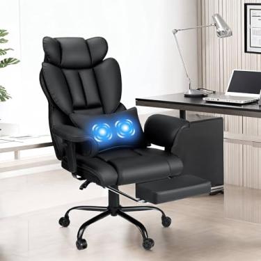 Imagem de HOFFREE Cadeira de escritório executiva grande e alta com massagem lombar, 204 kg, reclinável com apoio para os pés, resistente, encosto alto, couro preto