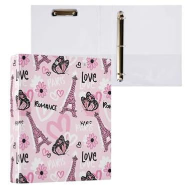 Imagem de Fichário de 3 anéis rosa romântico da Torre Eiffel de Paris e borboletas de 3,8 cm decorativo com prancheta e 3 bolsos transparentes, comporta 200 folhas de fichário de papel tamanho A4 para escola,
