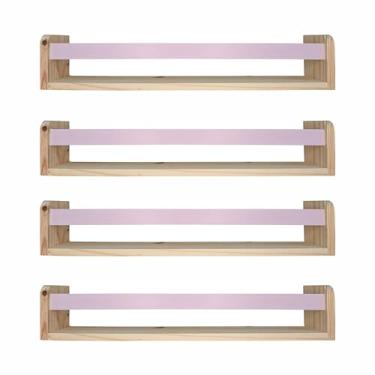 Imagem de Kit 4 Prateleiras Porta Livros em Madeira Pinus Natural Com Cerquinha Colorida Cor:Cerquinha Rosa Chá;Tamanho:12x60