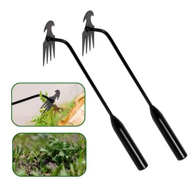 Imagem de Ferramenta extrator de ervas daninhas, extrator de ervas daninhas forjado de aço de ferro premium, capinador de 4 dentes de dupla finalidade, ferramenta manual para jardinagem com cabo longo, 2 peças